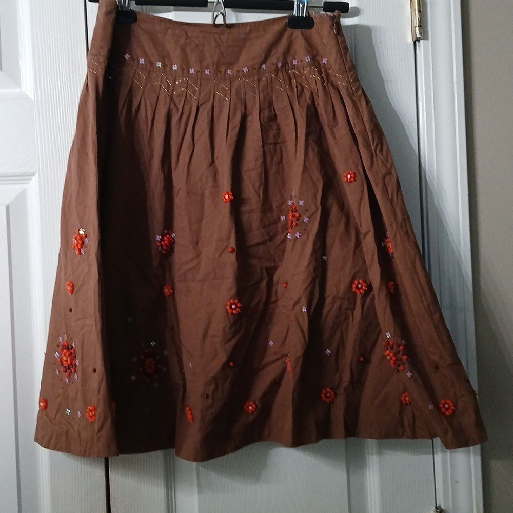 Anthropologie Odille brown pleated lined flare beaded Kaleidescope skirt Sz 6